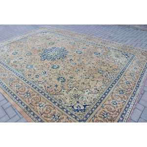 Tapis vintage surdimensionné 13,1 x 9,5 pieds, tapis turc en laine bleu et marron à bordures - Product Image 4