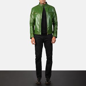 Real Leather <b>Sheepskin</b> Aniline Zipper Gatsby Green <b>Men</b> Biker <b>Jacket</b> with Quilted Viscose Lining and Inside Outside Pockets - Product Image 6