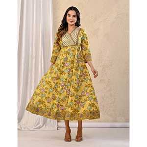 Vestido Largo Elegante Amarillo con Estampado Jaal de Algodón Crema para Mujer, Talla Única y 5XL, para Fiestas de Cumpleaños, Oficina, Trabajo, Clubes y Uso Diario - Product Image 6