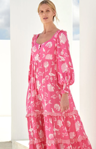 Light <b>Pink</b> Floral Printed Long Puff Sleeves Casual Floor Length Printed Knee Cut <b>Dress</b> With Belt - Product Image 3