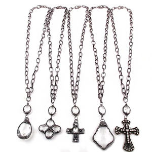 قلادة نسائية عصرية مخصصة بتصميم عرقي، سلسلة كبيرة سوداء معدنية، قلادة كريستال مع قلادة صليب جندي - Product Image 1