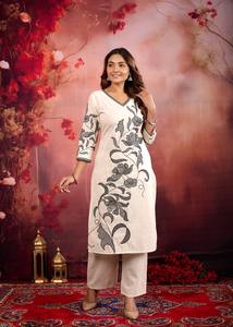 ชุด kurti ลายดอกไม้สีขาวสำหรับผู้หญิงชุดลำลองที่นิยมปักด้วยลายทำงานยาวถึงเข่าเย็บตามธรรมชาติ - Product Image 4