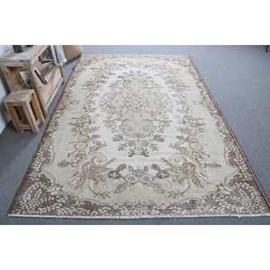 5.8x9.2 ft Vintage Rug, Turkish Large Rug, <b>Brown</b> Striped <b>Wool</b> Rug - Product Image 1