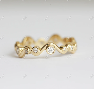 Anillo de Compromiso de Oro Amarillo Sólido de 14K con Moissanita Tallada en Bisel, Certificado GRA, Diseño de Onda, Joyería de Moda, Eternidad Completa - Product Image 2