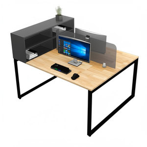 Modern Minimalist 2-seater Office <b>Desk</b> 150x120cm Rubber Wood Top Iron Legs Document <b>Shelf</b> HBRT075 - Product Image 1
