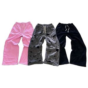 Usine Oem couleur unie vierge coton épais pantalon évasé personnalisé en détresse hommes jambe large surdimensionné pantalon de survêtement bas quantité minimale de commande prix bon marché - Product Image 1