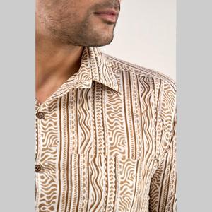 Chemise en jean marron à motifs floraux pour homme, 100 % coton popeline tissée, respirante, coupe classique, manches mi-longues, été et automne - Product Image 6