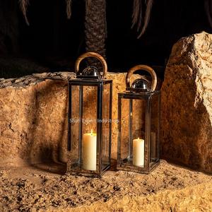 Set of 2 Metal and Clear Glass Candle <b>Lanterns</b> Sliver Finished for Home & Garden Decorative <b>Lanterns</b> With Wooden Handle - Product Image 1