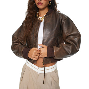 <b>Womens</b> Leather <b>Bomber</b> <b>Jacket</b> Custom Logo Embroidery Printing Fashion Streetwear Casual Outerwear OEM Factory Supply - Product Image 1