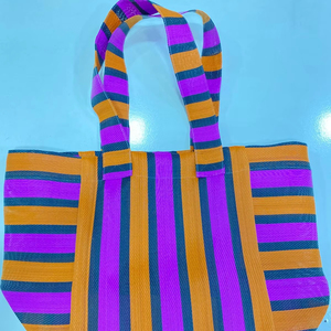 กระเป๋าช้อปปิ้งผ้าไนลอนลายทางเป็นมิตรต่อสิ่งแวดล้อมถุงผ้าใส่เครื่องสำอางแบบใช้ซ้ำได้มีซิปกระเป๋าโท้ทผ้าทอสำหรับเดินทางชายหาดป้ายโลโก้ - Product Image 1