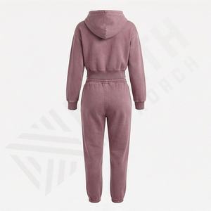 Conjunto de 2 Piezas de Sudadera con Capucha de Felpa de Algodón para Mujer, Talla Grande, Personalizado, con Hombros Caídos, Lavado Ácido, Cremallera, Top Corto y Pantalones Jogger - Product Image 2