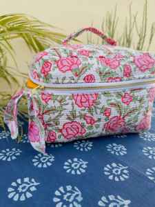 Bolsa de cosméticos acolchada con cremallera de algodón natural, bolsas de tocador con estampado de bloques hechas a mano para mujer, accesorio de maquillaje de viaje - Product Image 3