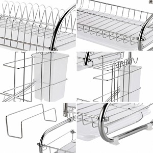 2 Tier <strong>Iron</strong> Dish Drying Rack with Cutlery Holder Cutting <strong>Board</strong> Holder Drip Trays Chrome Plated Finish Kitchen <strong>Storage</strong> - Product Image 3
