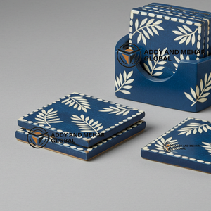 Indian Supplier Offers Handmade Blue & <b>White</b> Bone Inlay <b>Coaster</b> Set with Holder Floral Pattern Drink <b>Coasters</b> - Product Image 3