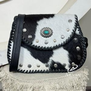 Nouveau sac à main bandoulière en cuir de vachette à poils vintage western, clouté, élégant, turquoise, concho, grande capacité, pour femmes - Product Image 1