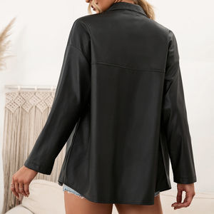 Custom Design Women's High Fashion Long Sleeve Grey Genuine Leather Shirt Casual Wear Canvas <b>Fabric</b> Womens Leather shirt - Product Image 2