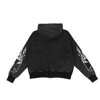 Surdimensionné Vintage Graphic Zip Hoodie Noir Lavé Streetwear avec Flamme Manches Dessin Animé Patch Casual Unisexe Veste pour L'hiver