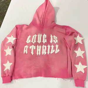 2025 Customization Hoodie100%Cotton Fleece Cropped Distressed Patch <b>Applique</b> Embroidered Acid Washed SunFaded Hoodies for Unisex - Product Image 5