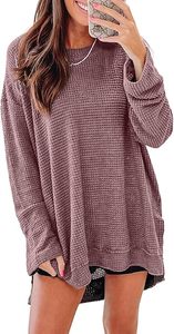 Camisas de manga larga para mujer, sudadera de gran tamaño, cuello redondo, Waffle Knit, Tops de primavera para mujer 2025 - Product Image 3