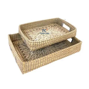 Nouveauté rotin nacre incrustation plateau plateau de service décoratif Rectangle rotin pour affichage de fruits alimentaires jonc de mer avec vadrouille - Product Image 4