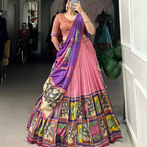 Stunning Tussar Silk Lehenga with Kalamkari With Foil Work and Printed Foil Blouse Designed for Elegance - Product Image 3