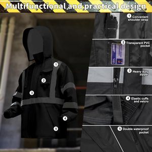 Veste et pantalon de pluie réfléchissants pour hommes et femmes, équipement de pluie imperméable avec doublure en maille intérieure et poche, noir - Product Image 4