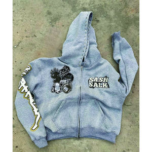 OEM Custom Men's Vintage Hooded <b>French</b> Terry Rhinestone Oversized Heavy Cotton Printed Sun Faded Acid Wash Zip Up Hoodie - Product Image 1