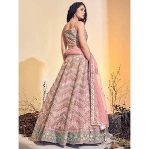 ชุดเลเฮนกาโชลีผ้าเน็ตเนื้อนุ่มปักลายสีชมพูอ่อนสวยงาม พร้อมผ้าคลุมไหล่สำหรับงานแต่งงาน - Product Image 3