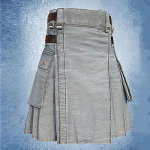 Meilleures ventes : Kilt écossais utilitaire pour homme en denim gris avec sangles en cuir et poches cargo 2026 - Product Image 1