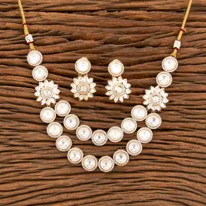 Latest Online Handmade Kundan Necklace Set With Rose Gold Plating Polki Jewellery For Womens