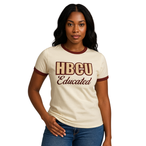 HBCU mujeres educadas Chenille contraste Trim Ringer camiseta Neutral con granate letras bordadas algodón colegiata hermandad - Product Image 1