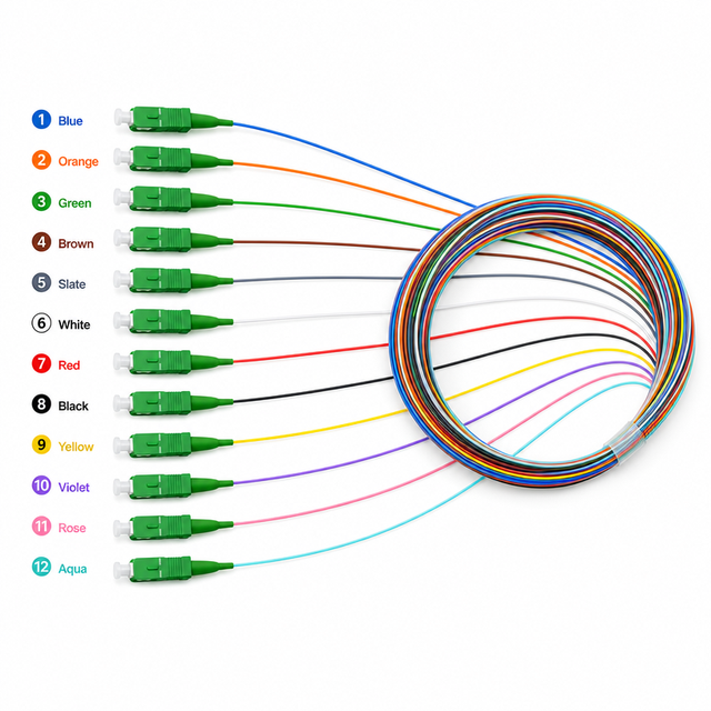 XXD 12 Core SC APC Fiber Optic Pigtail 0.9mm 1.5M Singlemode SM G652D 12 Colors TIA-598 Standard for FTTH Splice Tray