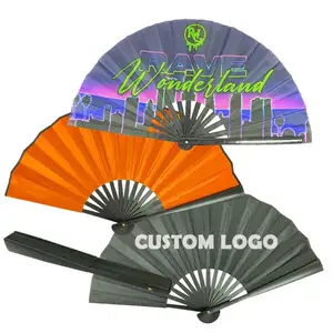 Popular Custom Folding Hand Fans For Festivals Custom Printed Logo Promotional Folding Fabric Logo Black Hand Held Fan
