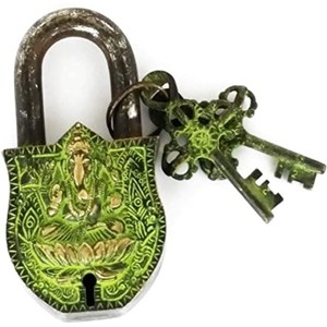 Beautiful Antique Handcrafted Ganesh Engraved Brass Padlock Ornate Decorative Natural Patina Solid Ornamental Ornament - Product Image 1