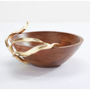 Polished Natural Wood Serving <b>Bowl</b> Gold Metal Accent Decorative Food <b>Snacks</b> <b>Bowl</b> Attractive Design Wood <b>Bowl</b> In Best price - Product Image 5
