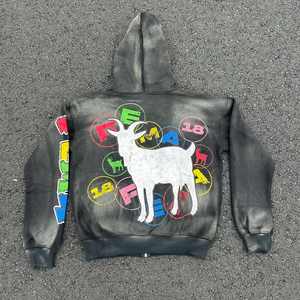 Zip Up Distressed Brodé AcidWash Sun Faded Distressed Sets Vintage Hoodie Sun fade Sets Sweatsuit Survêtements 100% Coton - Product Image 4