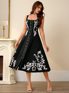 Vestido Maxi Negro Informal 100% Algodón Tejido con Bordado a Máquina, Lavable, Cuello en V Profundo, Manga Corta, Cintura Natural, con Bolsillos para Mujer - Product Image 6