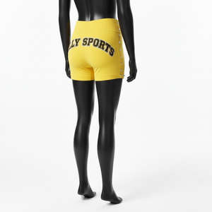 Shorts de sport pour femmes en poly-spandex GSM de haute qualité, jaune vif, avec panneaux latéraux à clous, patch brodé personnalisé. - Product Image 5