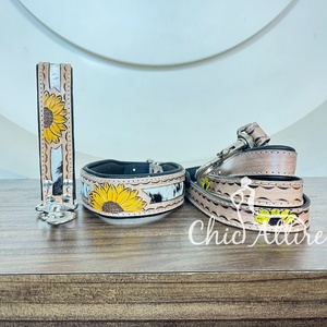 Vente en gros en extérieur Conception de tournesol usiné à la main en cuir de vachette véritable Collier de chien, laisse et laisse de circulation 3 pièces ensembles combinés - Product Image 1