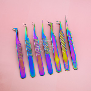 Pince à épiler pour extension de cils Couleur arc-en-ciel Cils en acier inoxydable à 90 degrés Pince à épiler super dure avec embouts en fibre - Product Image 1