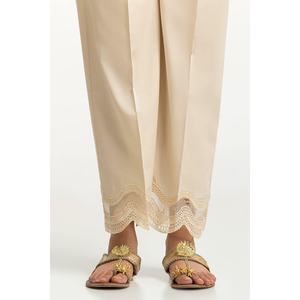 Pantalon beige brodé pour femme, taille haute, avec dentelle, taille élastique ajustable, respirant, motif formel coloré - Product Image 2