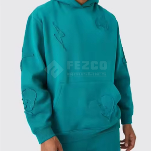 Ensemble de survêtement pour homme, couleur turquoise, avec capuche, logo en relief, sweat-shirt et pantalon décontractés, avec poches latérales, polyester respirant - Product Image 6