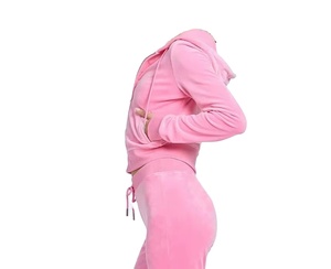 Ensemble de survêtement en velours 2 pièces pour femme enceinte, à capuche, léger, respirant, coupe-vent, rose, haut court et pantalon de jogging - Product Image 5