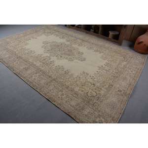 พรมตุรกีโบราณสีเบจ-น้ำตาล7.3 x 10.4ft พื้นที่ขนาดใหญ่ผ้าขนสัตว์ด้านหลังเป็นรูปสี่เหลี่ยมผืนผ้าแอบสแตรกต์สำหรับตกแต่งห้องโถงห้อง - Product Image 3