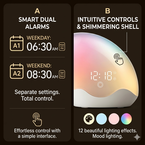 Réveil intelligent avec simulateur d'aube OEM ODM, double alarme, bruit blanc, 12 lumières d'ambiance, aide au sommeil portable pour le <span class=keywords><strong>yoga</strong></span>, la chambre d'enfant, la chambre à coucher et le bureau - Product Image 4
