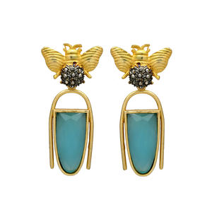 New Arrival <b>Bee</b> Design Blue Quartz Gemstone Drop Earring Set, Gold Plated Earring Set for Woman - Product Image 1