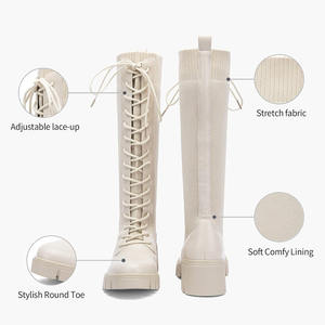 SMART SHINE ENTERPRISES High Quality Cream Knee High Lace Boots Chunky <b>Heel</b> Leather Customized Colors <b>Sizes</b> Model SSE-6934 Shoes - Product Image 4