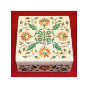 Caja decorativa con incrustaciones de mármol para decoración y revendedor, caja de mármol blanco con diseño colorido incrustado cuadrado - Product Image 1