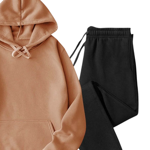 Camel Beige <b>Hoodie</b> With <b>Black</b> Jogger Tracksuit Set Unisex Winter Fleece Two Piece Casual Streetwear Sports Outfit OEM - Product Image 3