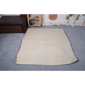 Alfombra turca Vintage moderna de 5,4x4,8 pies, Beige, hecha a mano, diseño clásico de retazos, lana, piel sintética de conejo, látex, pasillo rectangular - Product Image 1